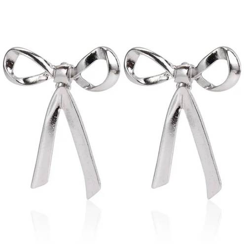 Boutique Coquette Big Silver Bow Statement Earrings 