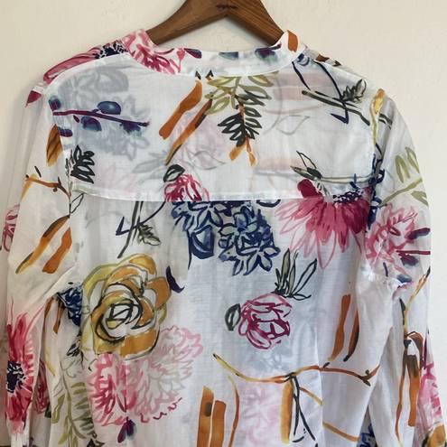 None Women’s White Floral Lightweight Silk & Cotton Button Down Shirt Size Large