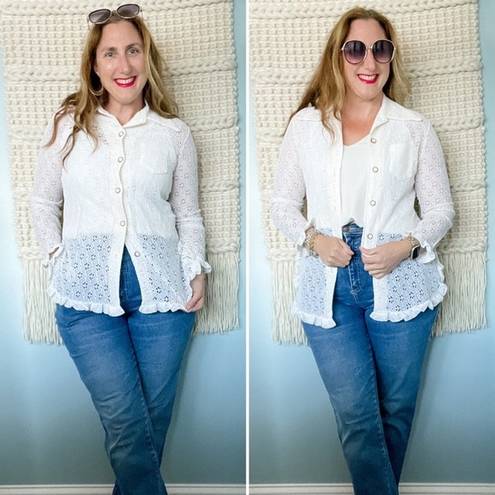 Daisy Vintage 70s  lace ruffle off white wide collar button down blouse size M
