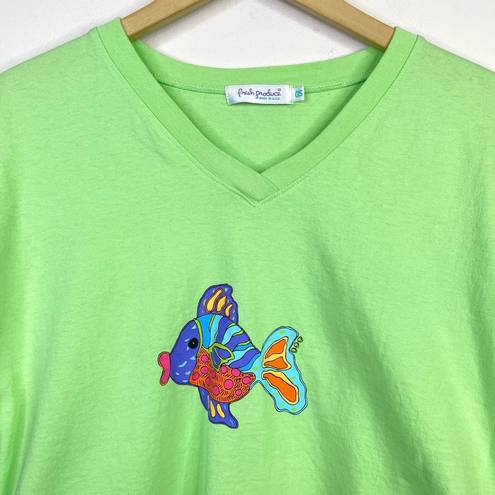 Fresh Produce Green Fish Cropped V Neck Short Sleeve T shirt Top womens One size