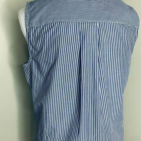 Vince  Tank Top 10 Blue & White Sleeveless Top Half Button Striped Split Hem