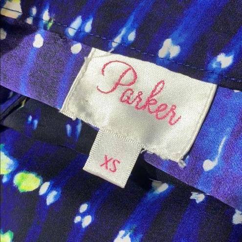 Parker Womens Mini Dress Pure Silk Faux Wrap Blouson Blue Digital Print XS