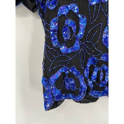 Laurence Kazar  Vintage Blue Black Sequin Floral Top 1X