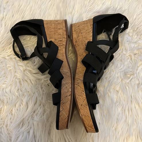 Eileen Fisher  Black Leather Gladiator Wedge Sandals