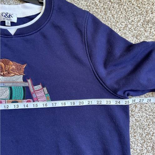 Vintage Blue C&K  Crewneck Sweatshirt Cat Books Casual Comfy 2X