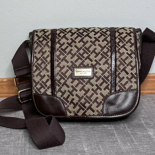 Tommy Hilfiger  Brown Shoulder Crossbody Saddlebag Monogram Logo TH Print Y2K