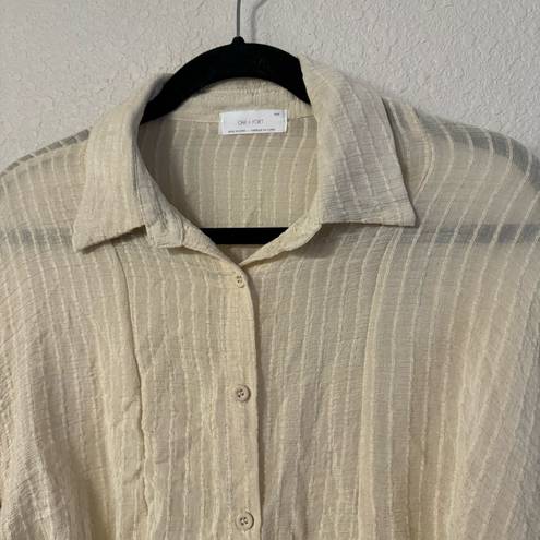 Oak + Fort  Neutral Button Up Tie Waist Long Sleeve Blouse Textured Sheer medium