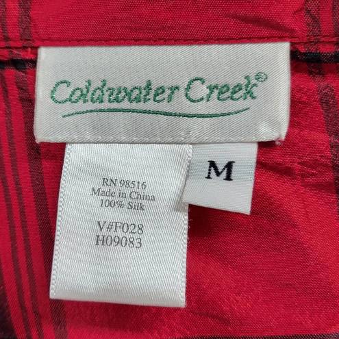 Coldwater Creek  Womens Shirt Size M Red Holiday Plaid Silk Lightweight Button Up