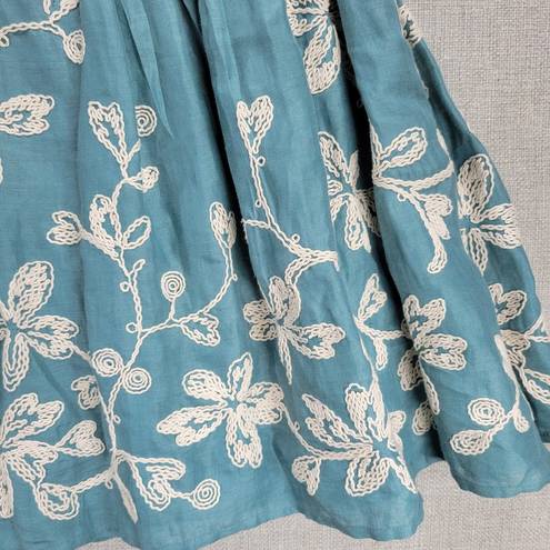 Talbots  Skirt Size 4 Blue Linen Floral Embroidered A-Line Pleated Cottagecore