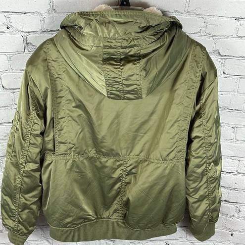 American Eagle AEO Flight Bomber Jacket Sherpa-Lined Hooded Satin Green L