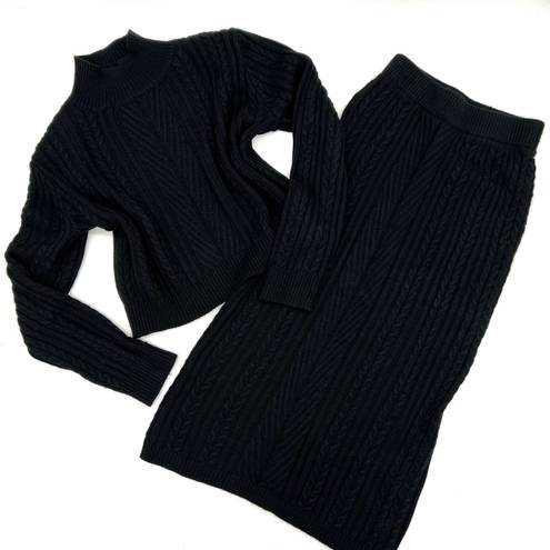 Two Pieces Set Knit Crop Top Long Skirt Sweater Blouse Turtleneck Maxi Skirt Slim Fit Loose Top Tee Black