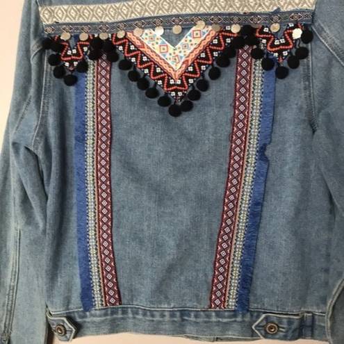 Boom Boom Jeans Embroiled denim jacket with pom poms button up fall winter size medium