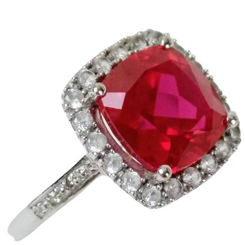 Ruby 10K 10KT White Gold Faux  Halo Cushion Ring Sz 7