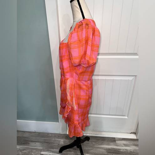 Likely  Havana Pink/Orange plaid faux wrap ruffle mini dress size 12