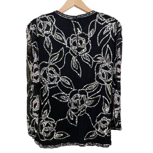 Oleg Cassini Vintage Beaded Embellished Black Silk Floral Top Formalwear Blouse