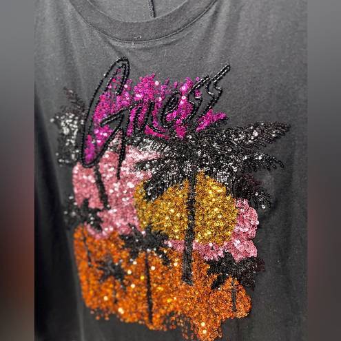 Guess  sunly crop tee with sequin palm trees in black orange and pink sz large