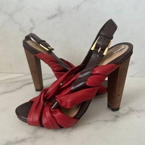 L.A.M.B. Red Brown Leather Sandals Heels Size 6.5