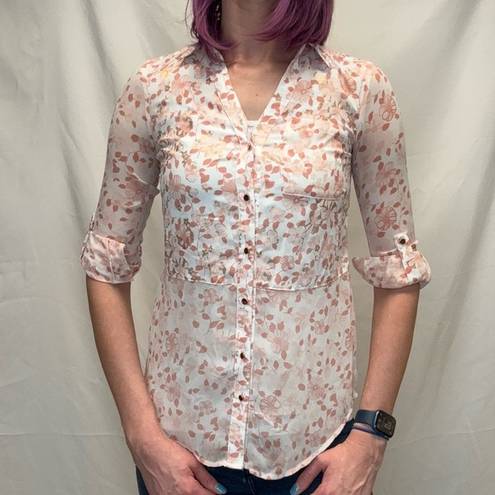 Candie's  Women's Y2K Split Back Floral Sheer Roll Tab Blouse Top XS Extra Small