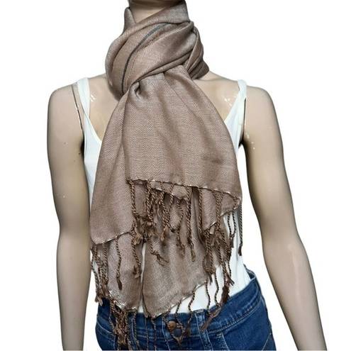 Vivante by VSA Brown Tan Herringbone 27 x 68” Large Wool Blend Fringe Scarf Wrap