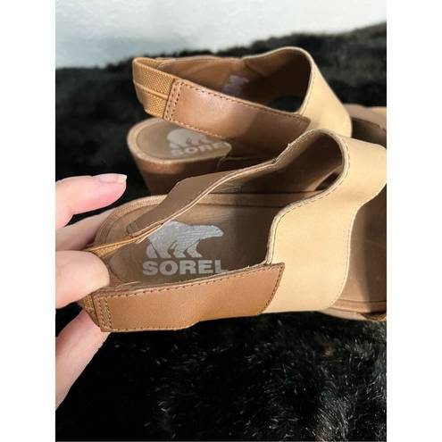 Sorel  Leather Wedge Tan Brown Sandals Womens Size 8 Shoes Slingback Joanie