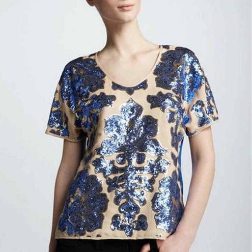 Tracy Reese  Neiman Marcus Sequin Top SMALL Blue Nude Scoop Neck Party Blouse