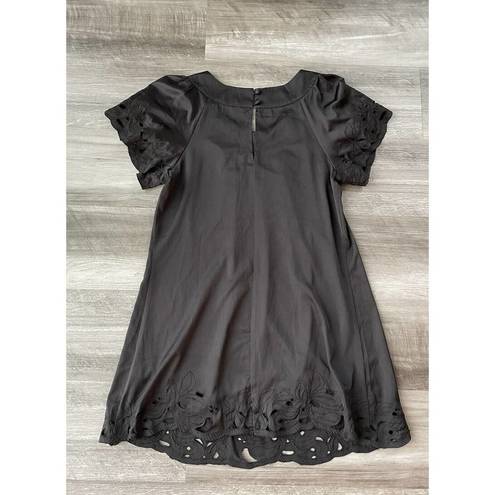 Xxi  Black Satin Mini Dress Size M Embroidered Floral Hem Scoop Neck N7