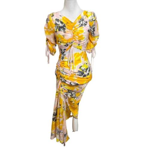 Alice McCALL  Soiree Dress Yellow Saffron Floral Ruched Midi Asymmetrical Size XS