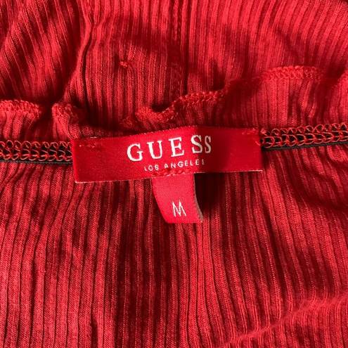 Guess  Off the Shoulder Stretch Crop Top M Red Lettuce Hem Long Sleeves Buttons