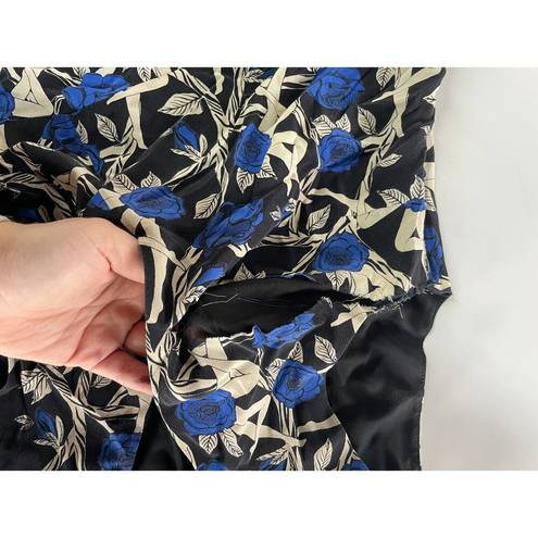 Jason Wu  Shirt Women 6 Black Blue Cream Floral V-Neck Asymmetrical Ruffle Silk