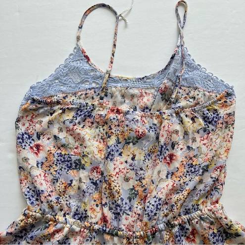 In Bloom by jonquil Pajama Romper Light Blue Lace Tie Floral Spaghetti Strap Med