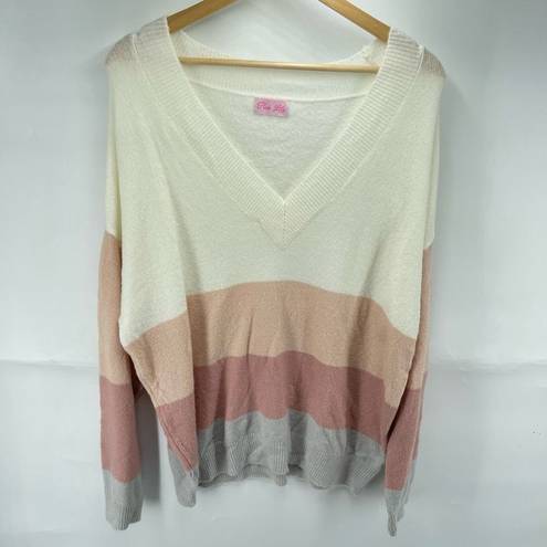 Pink Lily  striped Pullover Sweater Long Sleeve V Neck Color Block Beige Large NW