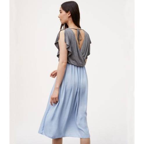 The Loft "" GRAY & LIGHT BLUE SATIN SKIRT SURPLICE BACK BLOUSON DRESS SIZE: S NWT $80