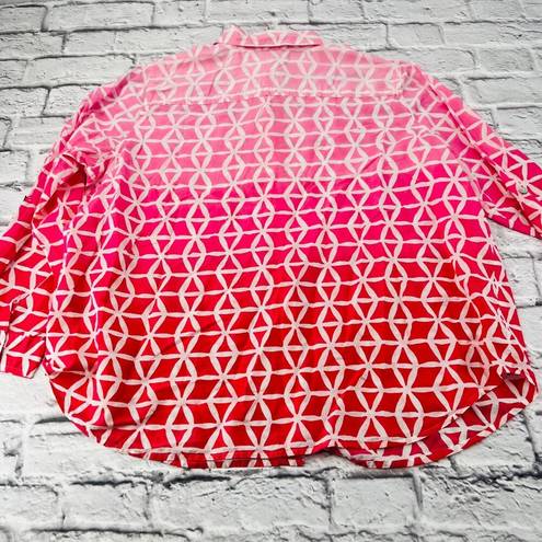 Chico's  Button Up Shirt Blouse Women's 3 16/18 Pink Pinwheel Print Long Sleeve