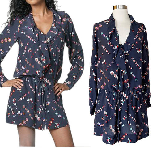 Rebecca Taylor  SILK Mini Shirt Dress Cocktail Blue Floral Button Down Ruffles 8