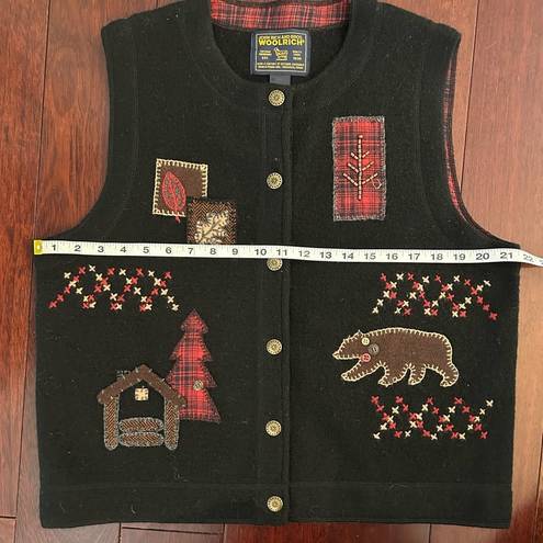 Woolrich Women’s 100% Wool Vest Black Fall Leaves Bear Rustic Country Size M