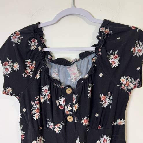 No Bo  black floral ruffle button up casual soft short sleeve shirt boho blouse