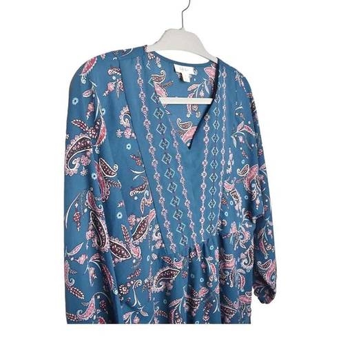 Style & Co  Womens Blue Long Sleeve Paisley Print Peasant Oversized Blouse Small