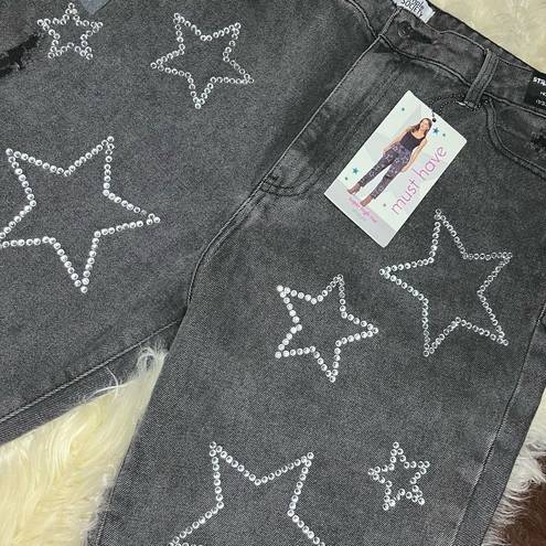 Simple Society  super high rise rhinestone/ distressed faded black denim sz 17/33