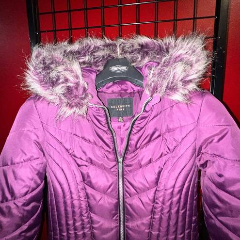 Celebrity Pink  Puffer Coat with Faux Fur Hood Purple Small Princess taper fit