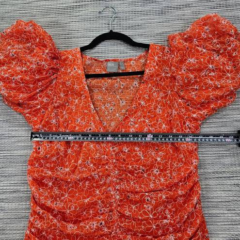 ASOS  Design Womens 10 Orange Ruched Maxi Dress Floral Embroidery Puff Sleeves