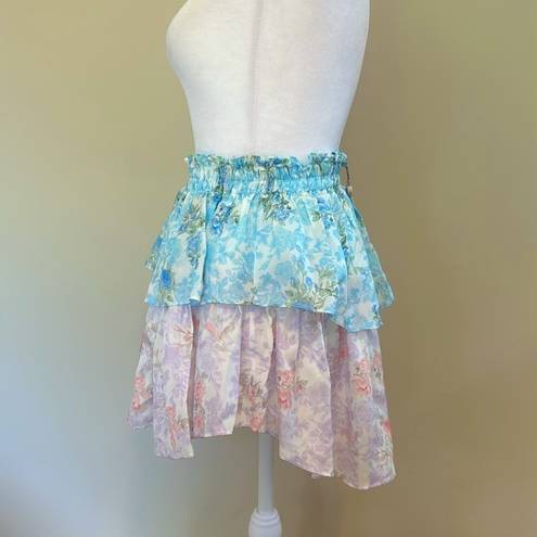 Love Shack Fancy  Ruffle Mini Silk Skirt Floral Rainbow Clouds NWT Size P