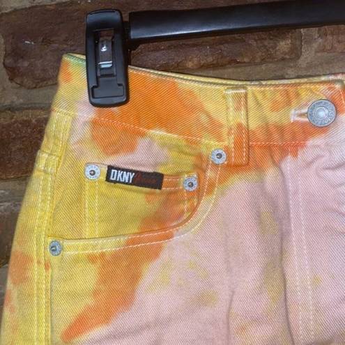 DKNY  Custom Tie Dye Orange Yellow Mini Denim Jean Skirt Women's Size 8