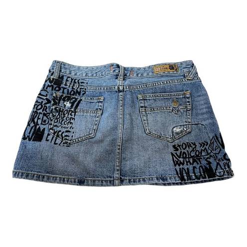 Volcom  Women's Blue Mini Denim Skirt Size 7 Distressed and Writing Pattern