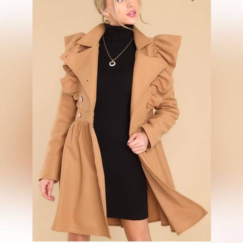 Aura  Exaggerated Ruffle Double Breasted Coat Camel L NWT