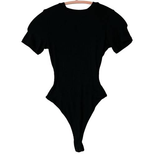 Naked Wardrobe NWOT Size S NW Ribbed Short Sleeve Thong Bodysuit Black Crew Neck