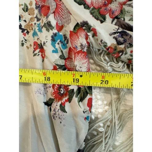 Wishlist  Womens Cardigan Kimono Swimsuit Cover Sz M/L Boho Floral Beige Fringe