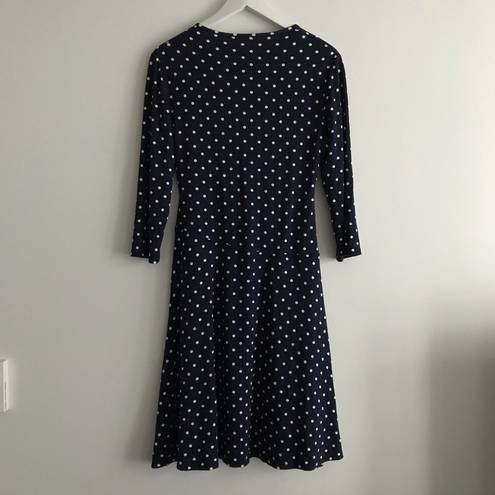 Garnet Hill  Polka Dots Faux Wrap Midi Dress Lined Long Sleeve‎ Black Wome…