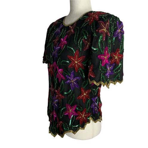 Laurence Kazar Vintage  Sequin Silk Blouse L Black Floral Zip Back Short Sleeves