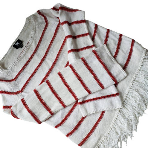 W By Worth  Womens Sweater Size S Stripe Fringe Open Knit White Red Long Sleeve