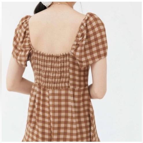 Urban Outfitters  Pocketful of Sunshine Brown Gingham Puff Sleeve Romper size S